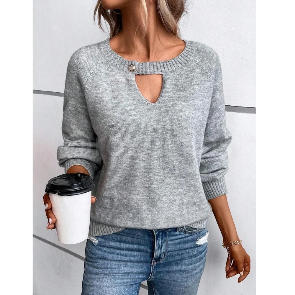 Grey Knit Pullover Sweater Neck Keyhole Button Detail Long Sleeve - Picture 1 of 6